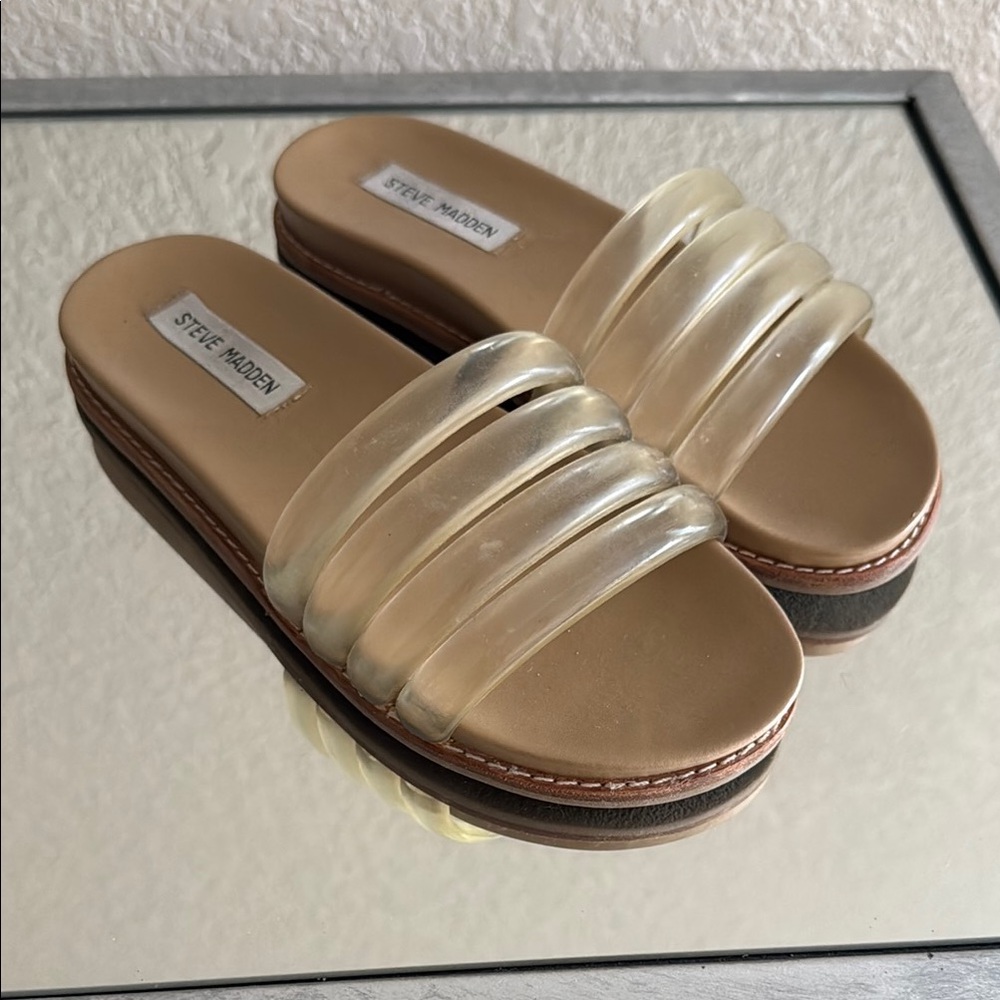 Steve Madden Clear and Tan Slide Sandals